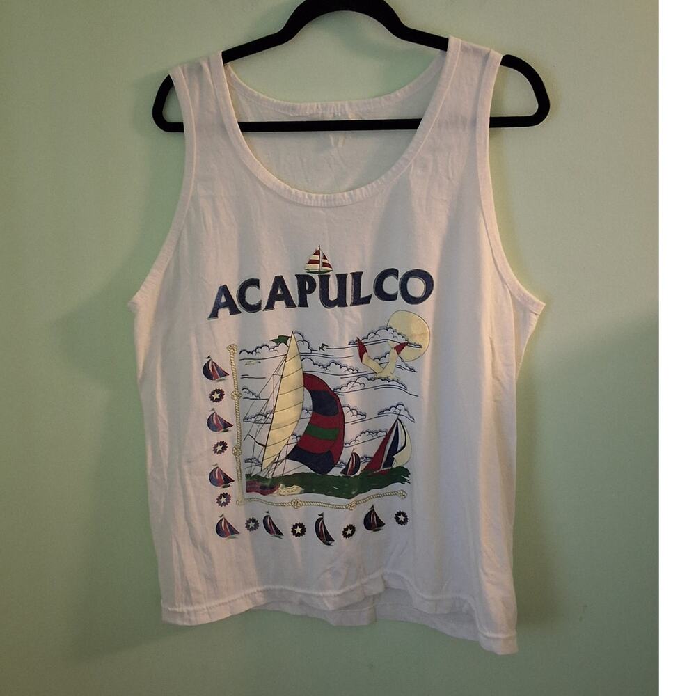 Vintage 90s Acapulco Sailboat Tank Top XL White Nautical Beach Graphic Tee